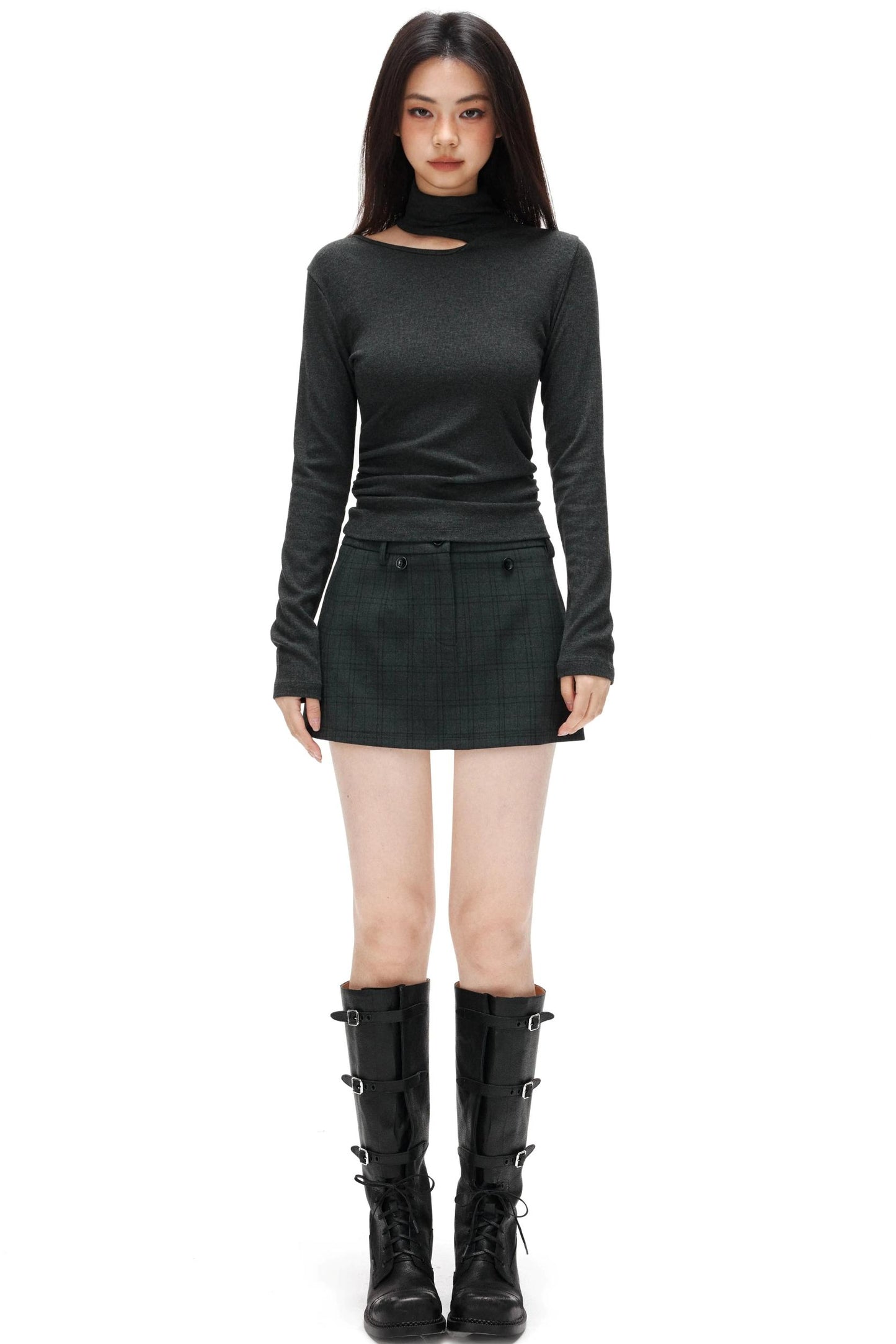 Thin Velvet Pleated Turtleneck Top