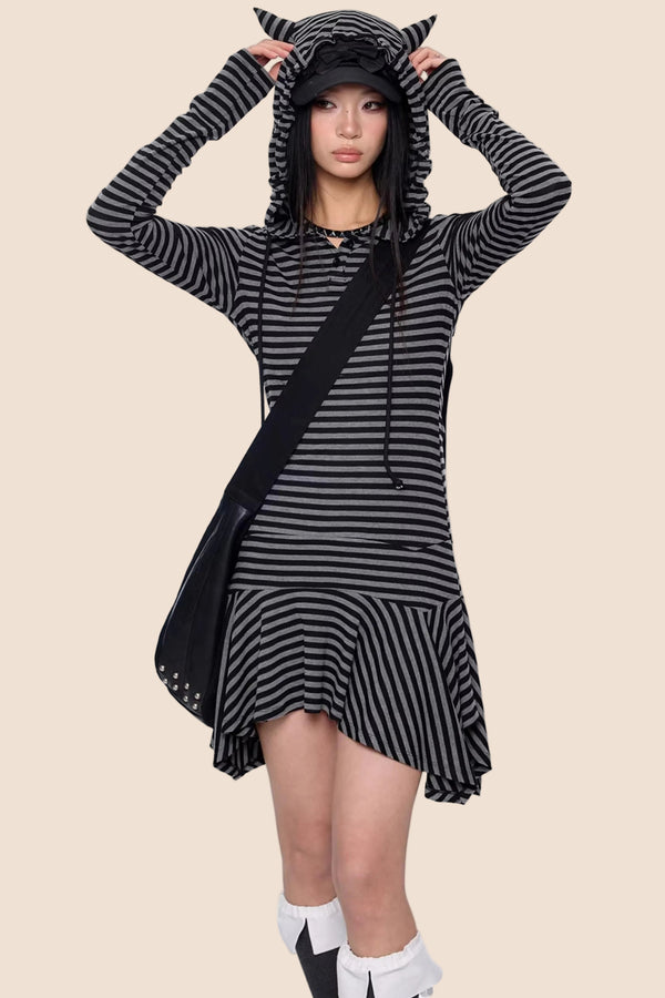 Retro Y2K Striped Hooded Dress