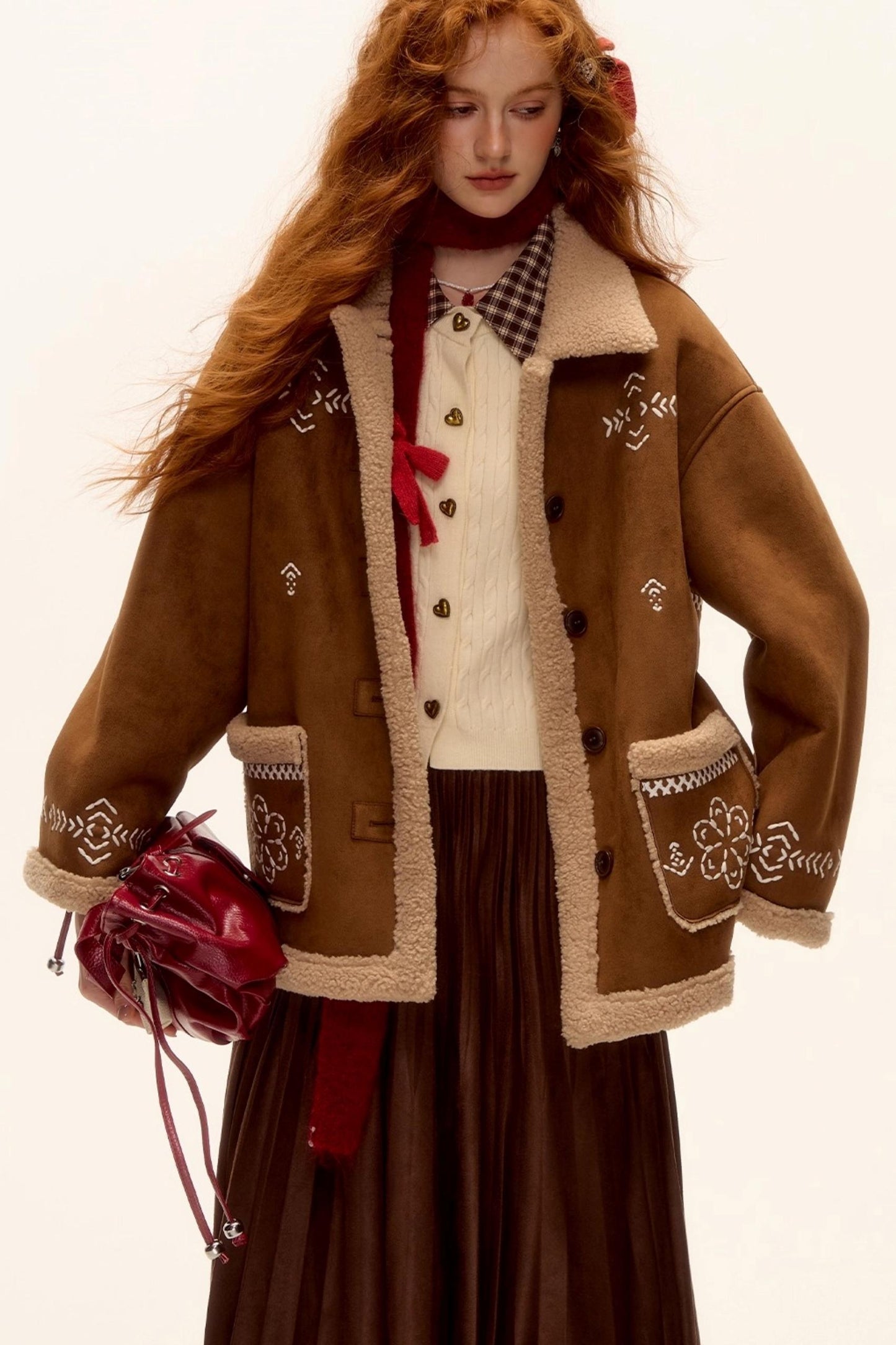 Embroidered Shearling Wool Jacket Set-Up