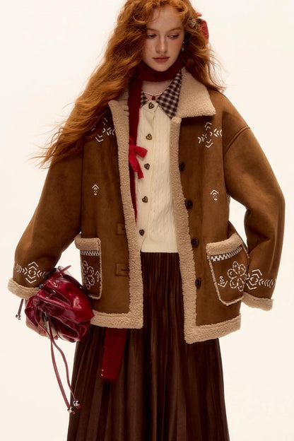 Embroidered Shearling Wool Jacket Set-Up