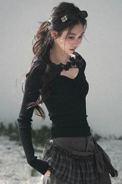 Lace-Trimmed Knitted Top