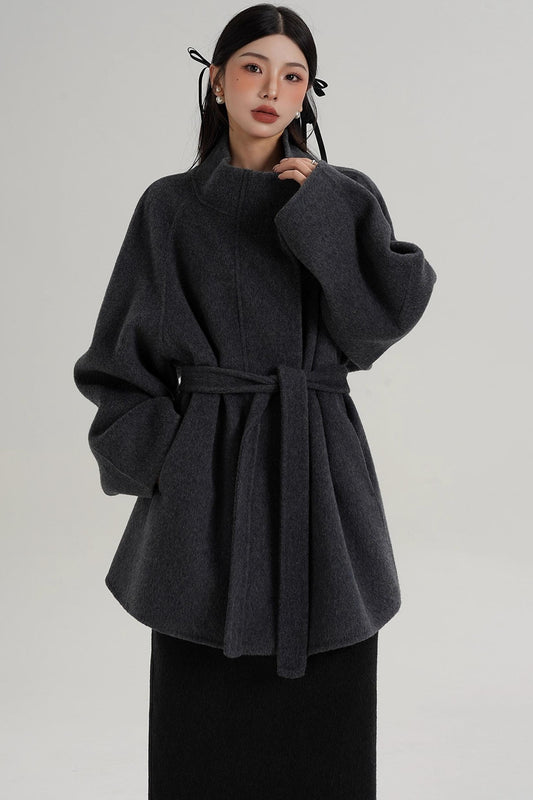 Elegant Woolen Lace-Up Coat