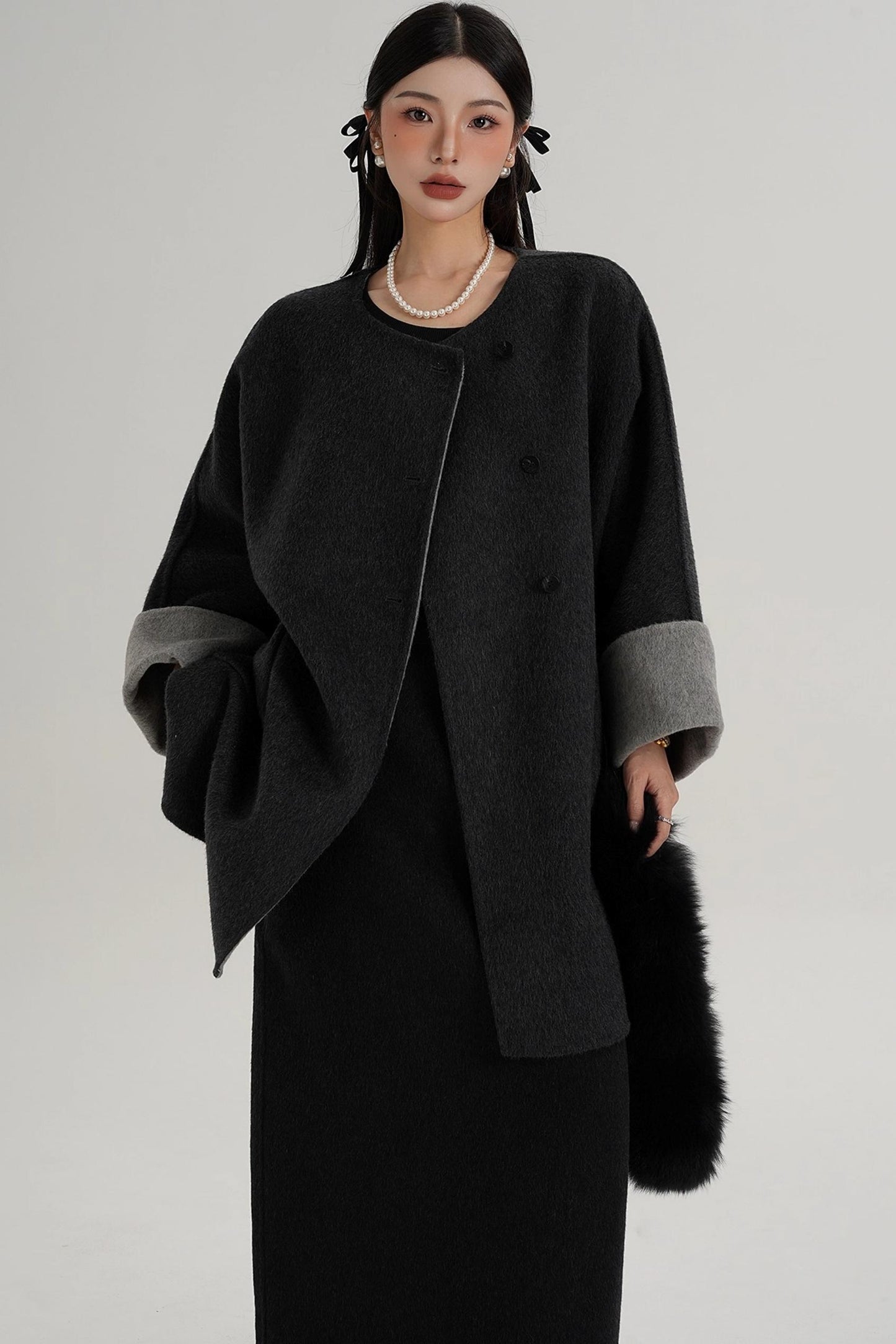 Elegant Fox Fur Collar Wool Cape Coat