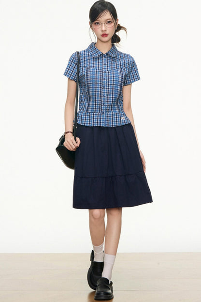 Checked Navy Skirt Shirt Set-Up
