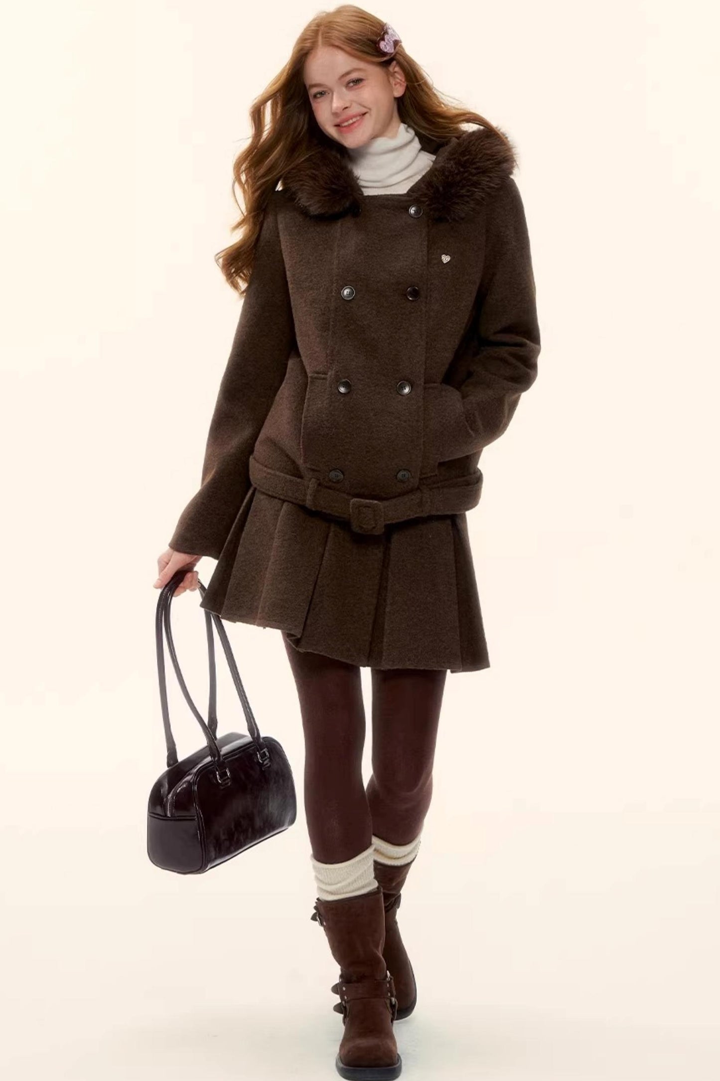 Retro Coffee Woolen Coat Set-Up