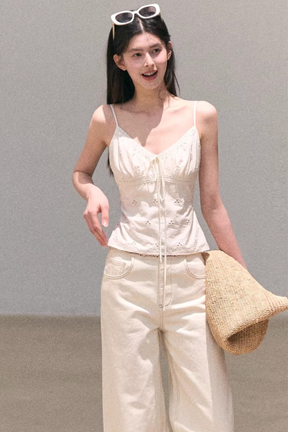 Washed Wide-Leg Lace Pants