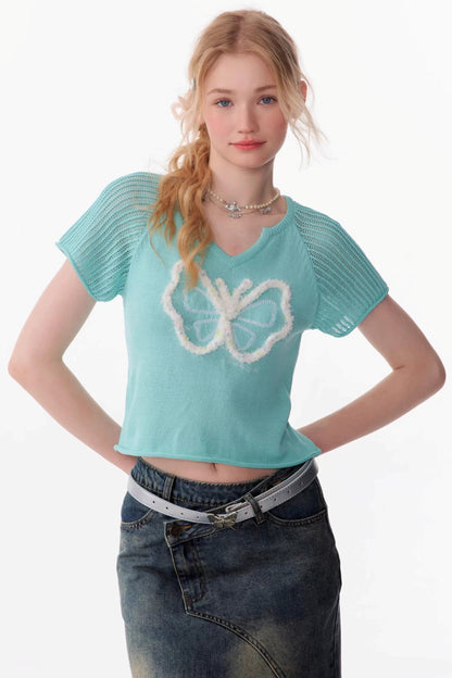 Top Raglan a Maglia con Farfalle 3D