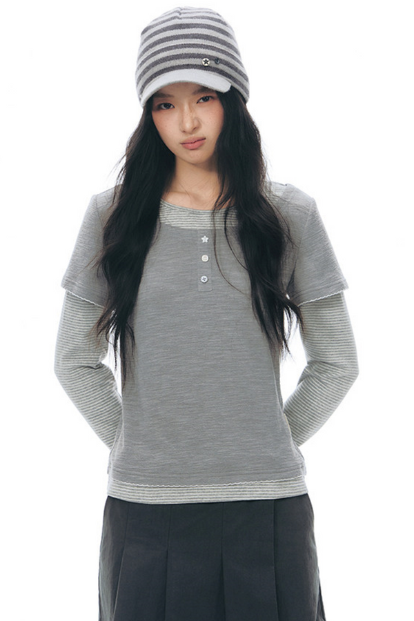 Henley Collar Fake Two-Piece Top