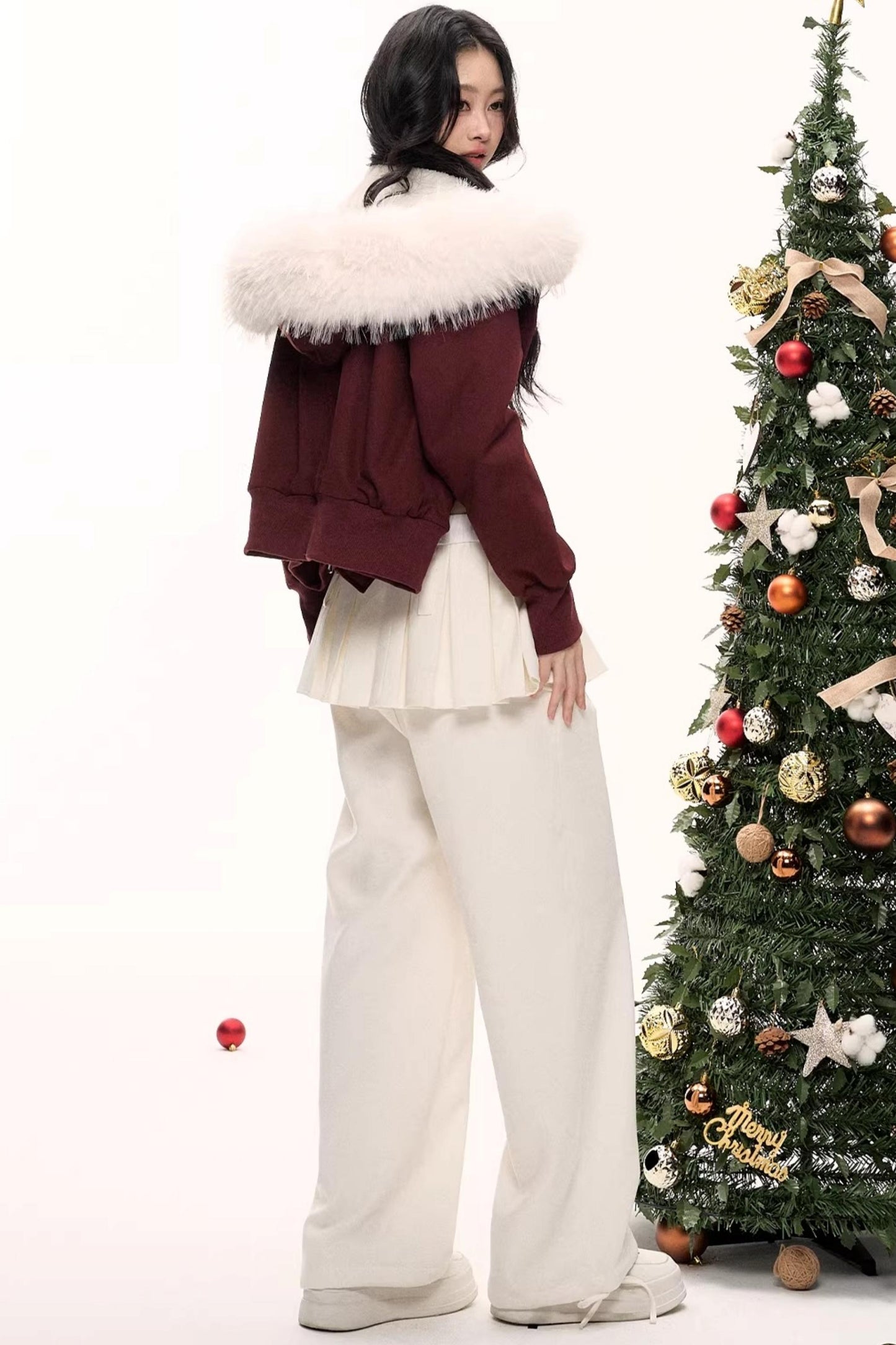 Burgundy Black Fur Collar Coat Set-Up