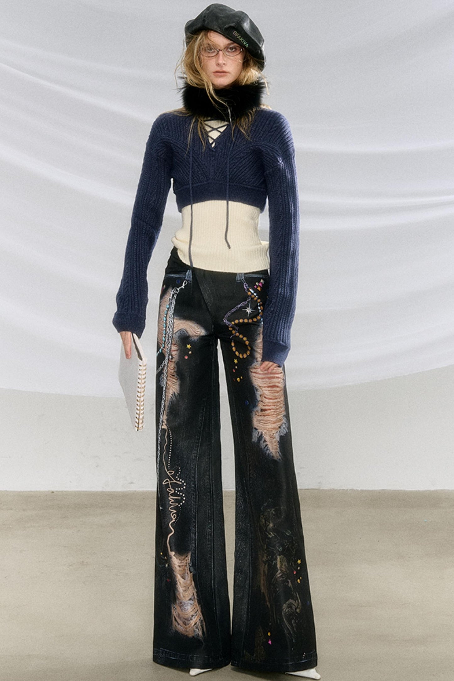 Ripped Faux-Denim Flared Pants