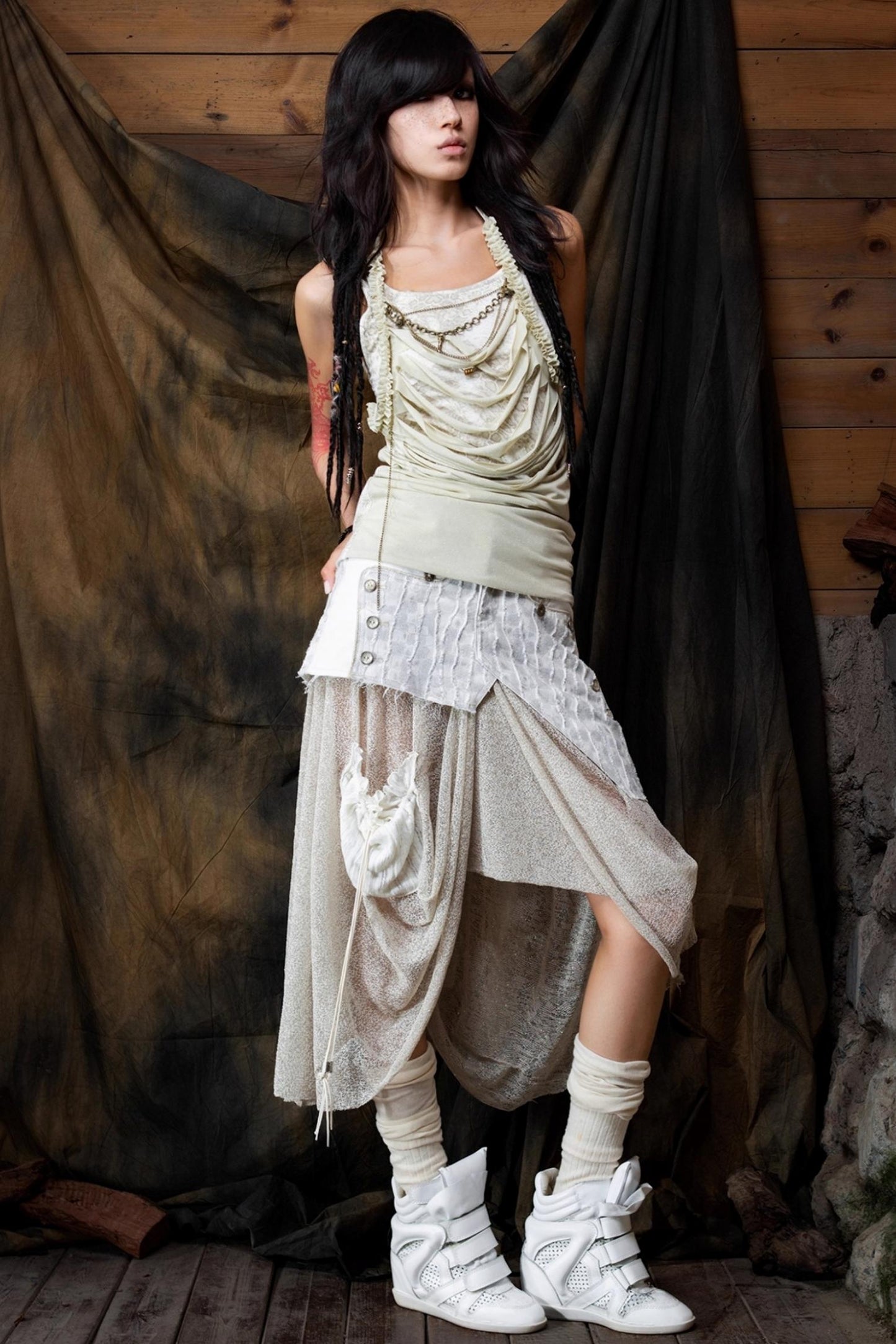 Vintage Patchwork Mesh Maxi Skirt