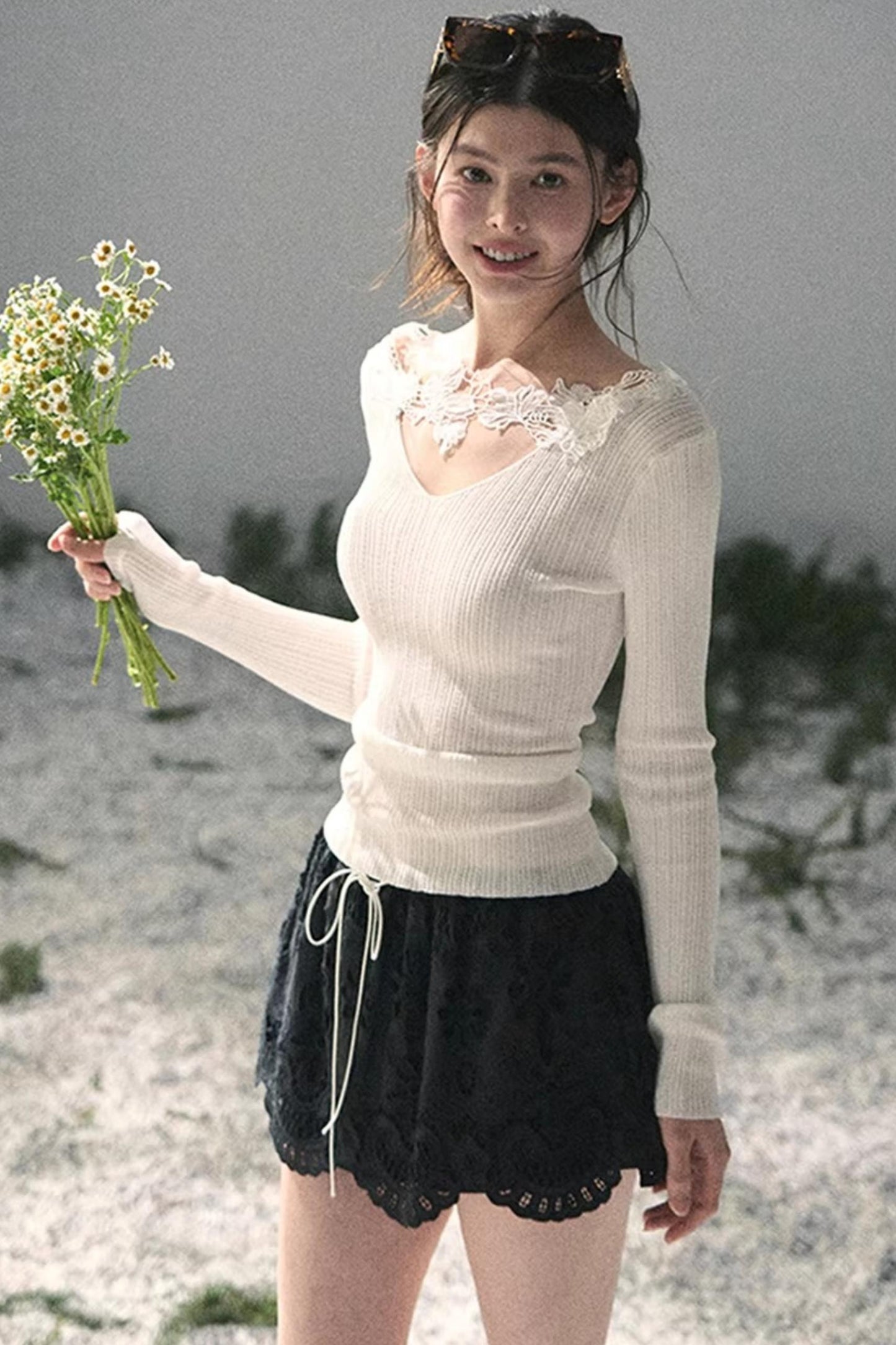 Lace-Trimmed Knitted Top