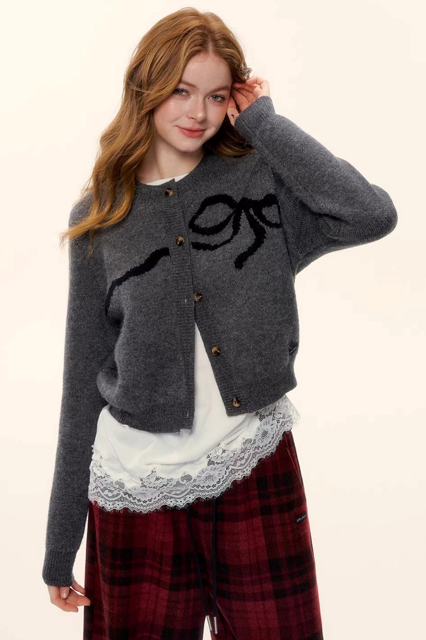 Bow Jacquard Cardigan Sweater