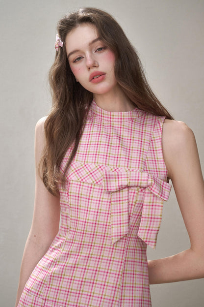 Bow Halterneck Plaid Dress