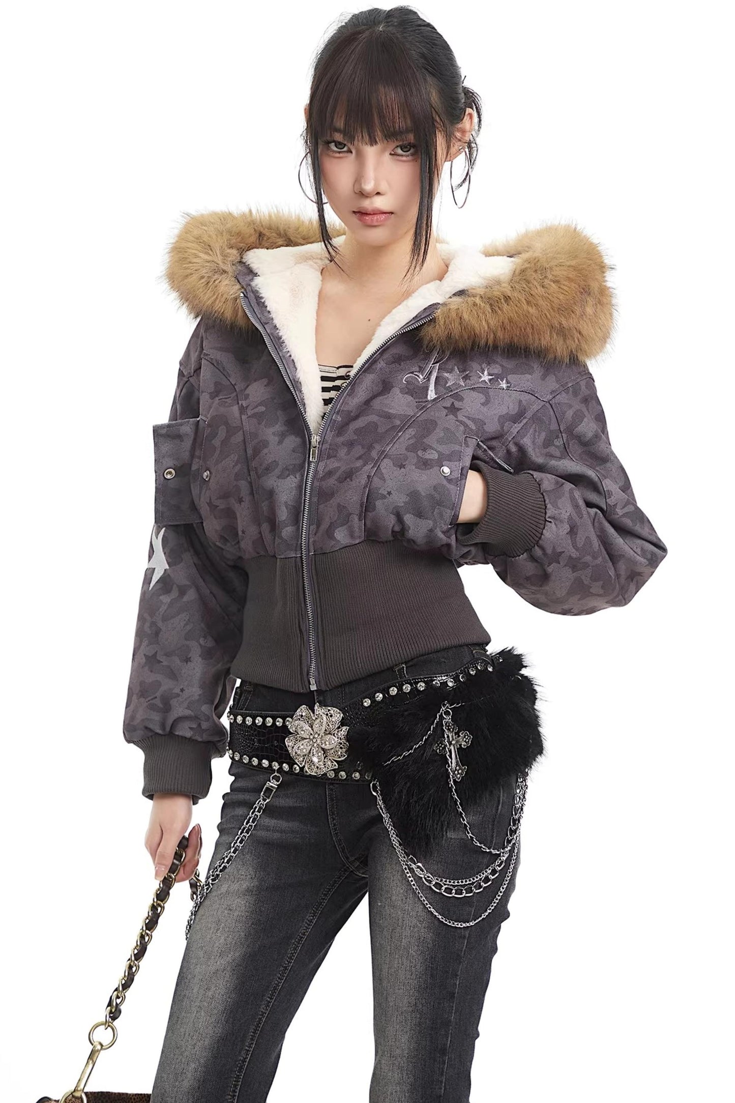 Retro Camouflage Fur Collar Hooded Jacket