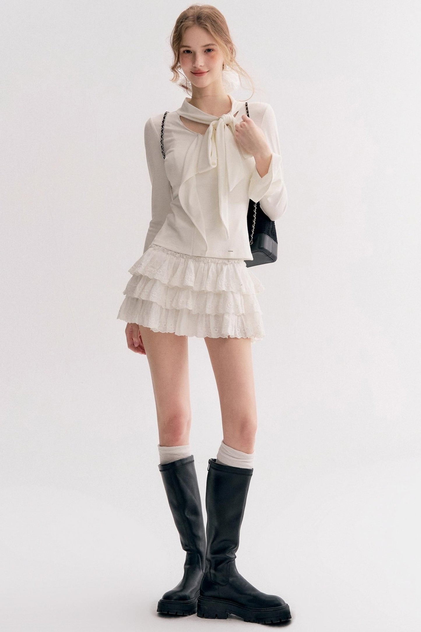 Romantic French Streamer Bow V-Neck Slim T-Shirt