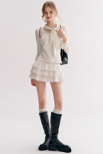 Romantic French Streamer Bow V-Neck Slim T-Shirt