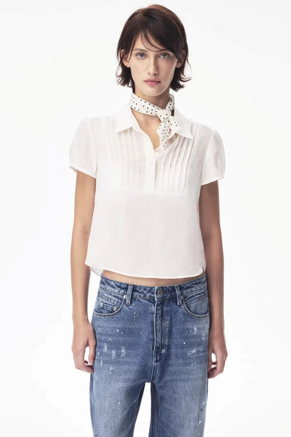 Ramie-Blend Pleated Puff Blouse