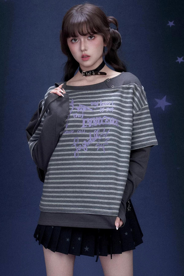 Dark Gray Striped Graffiti Print Top