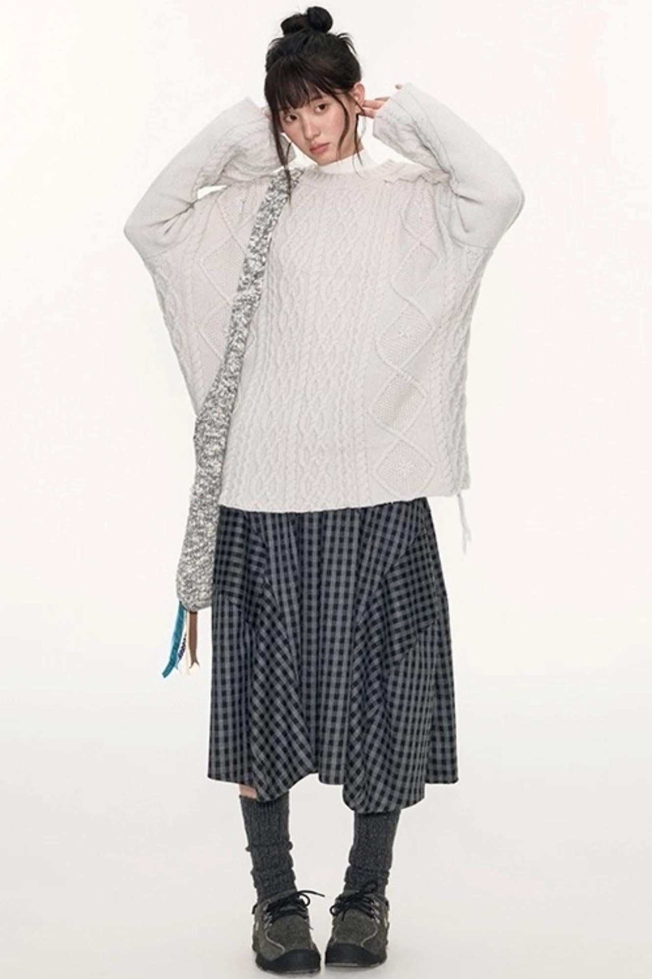 Crew Neck Crochet Cable Knit Sweater