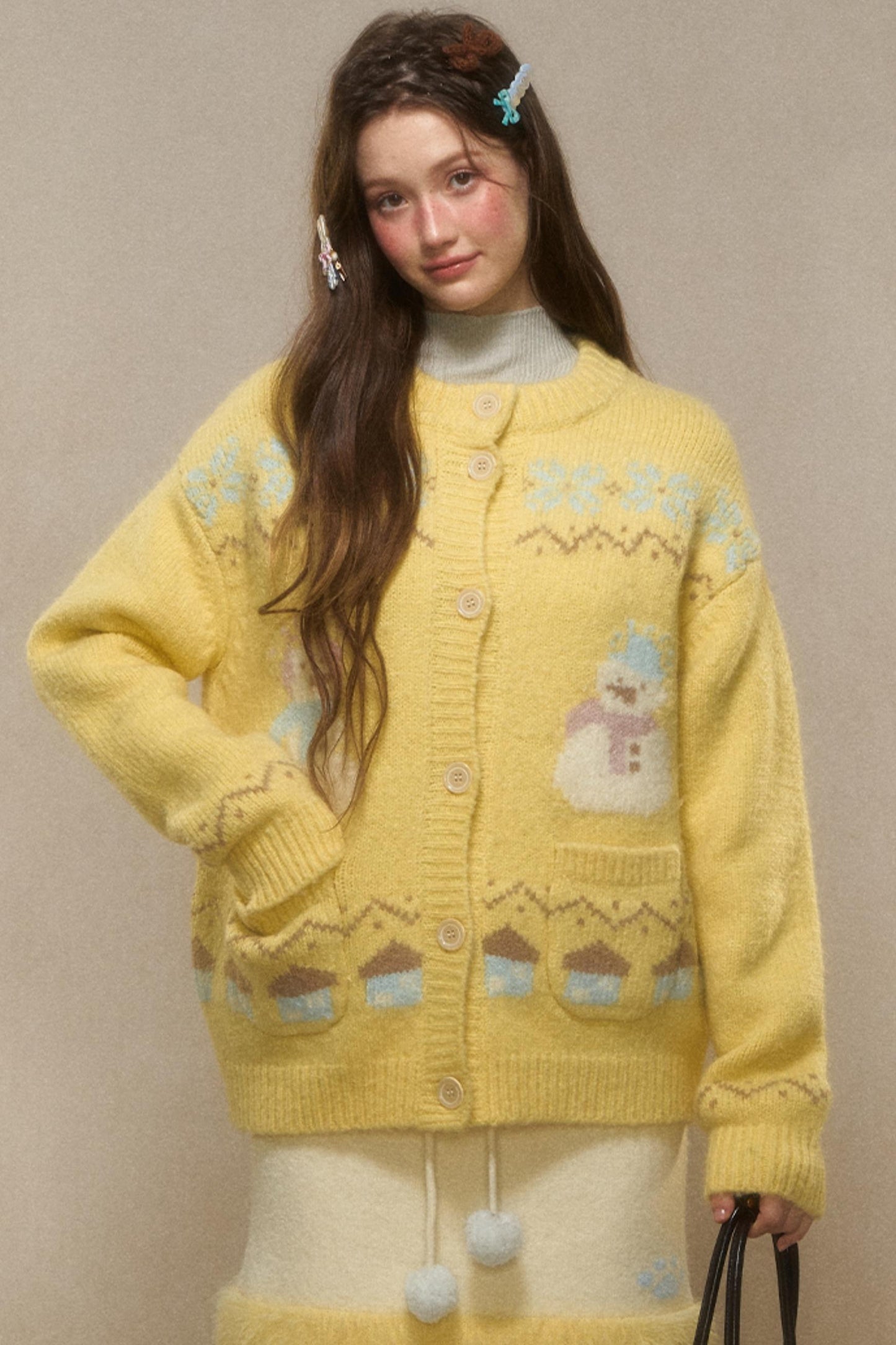 Vintage Snowman Jacquard Knit Cardigan