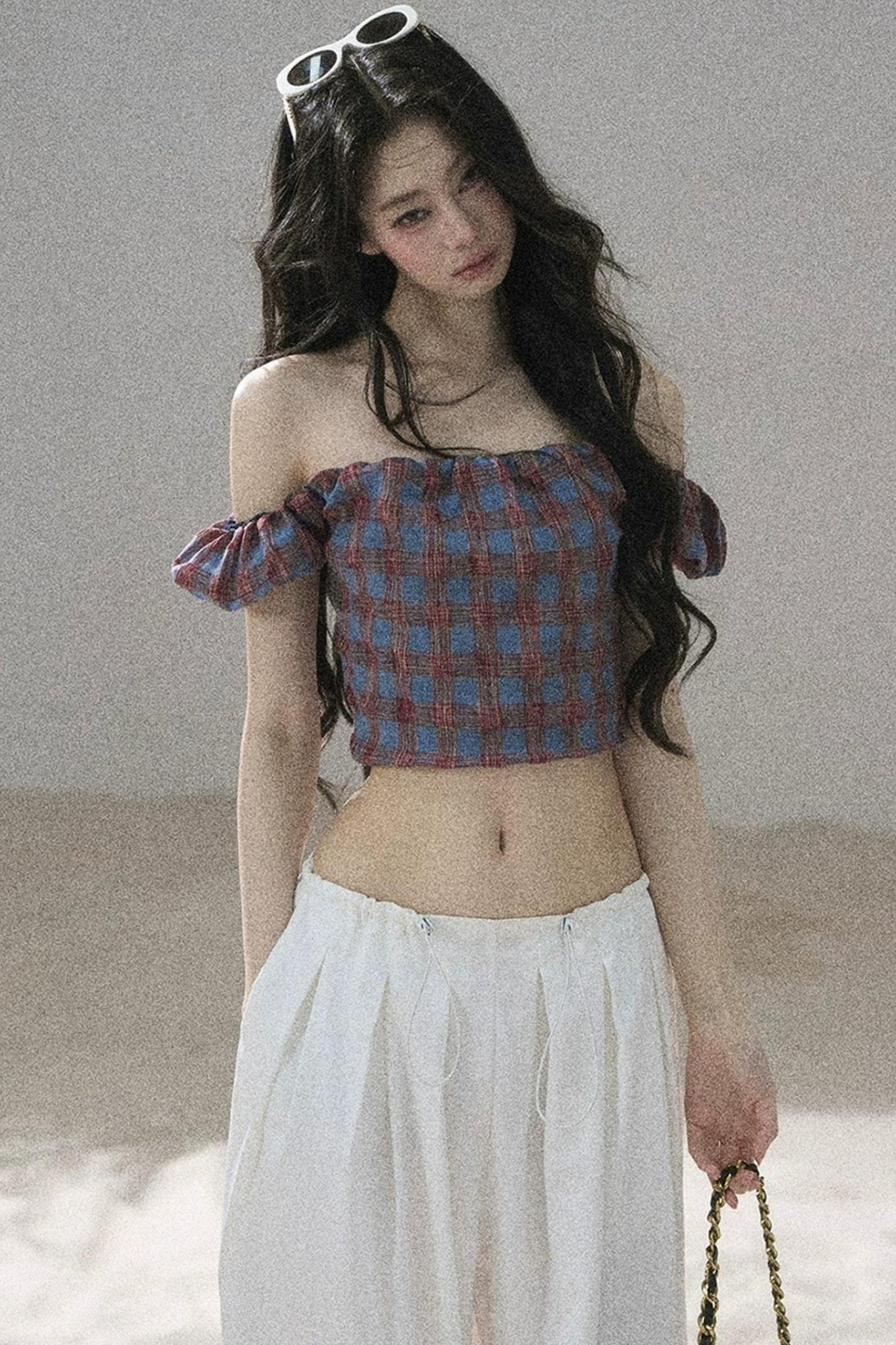 Youthful Plaid Off-Shoulder Top
