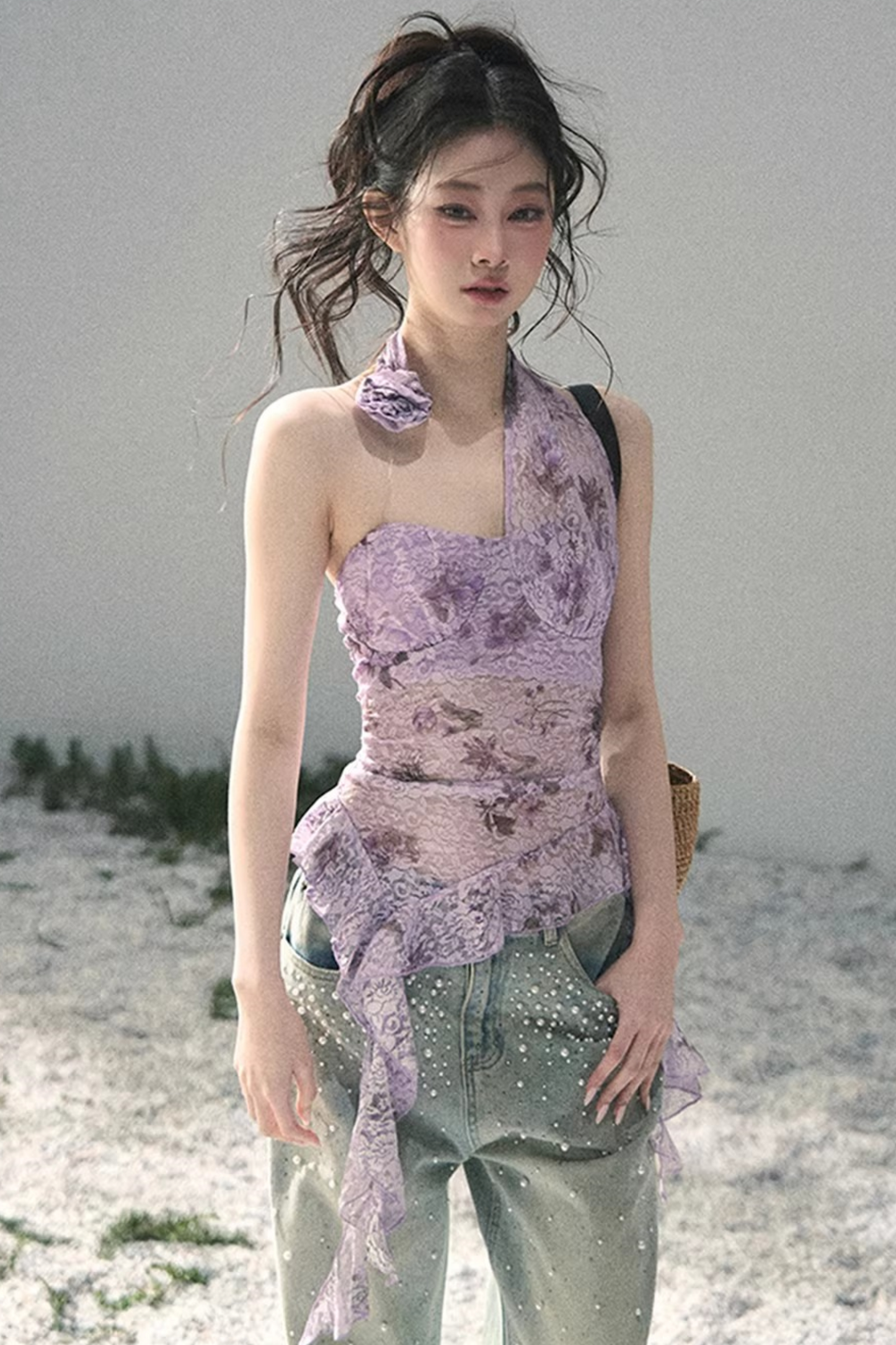 자주색 바우히니아 리본 탑