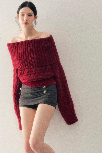 Off-Shoulder Cable Knit Sweater