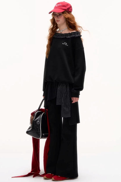 Asymmetrical Striped Ruffle Sweatshirt