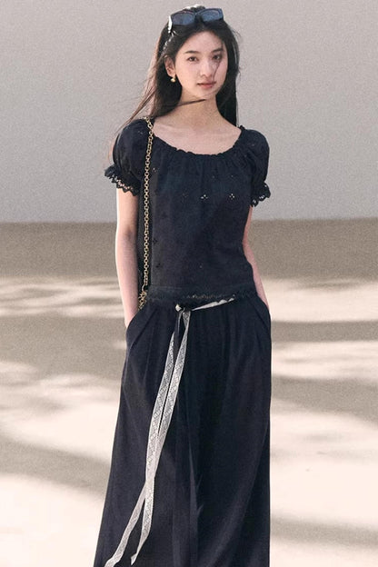 Pantalones de lino y lyocell con encaje