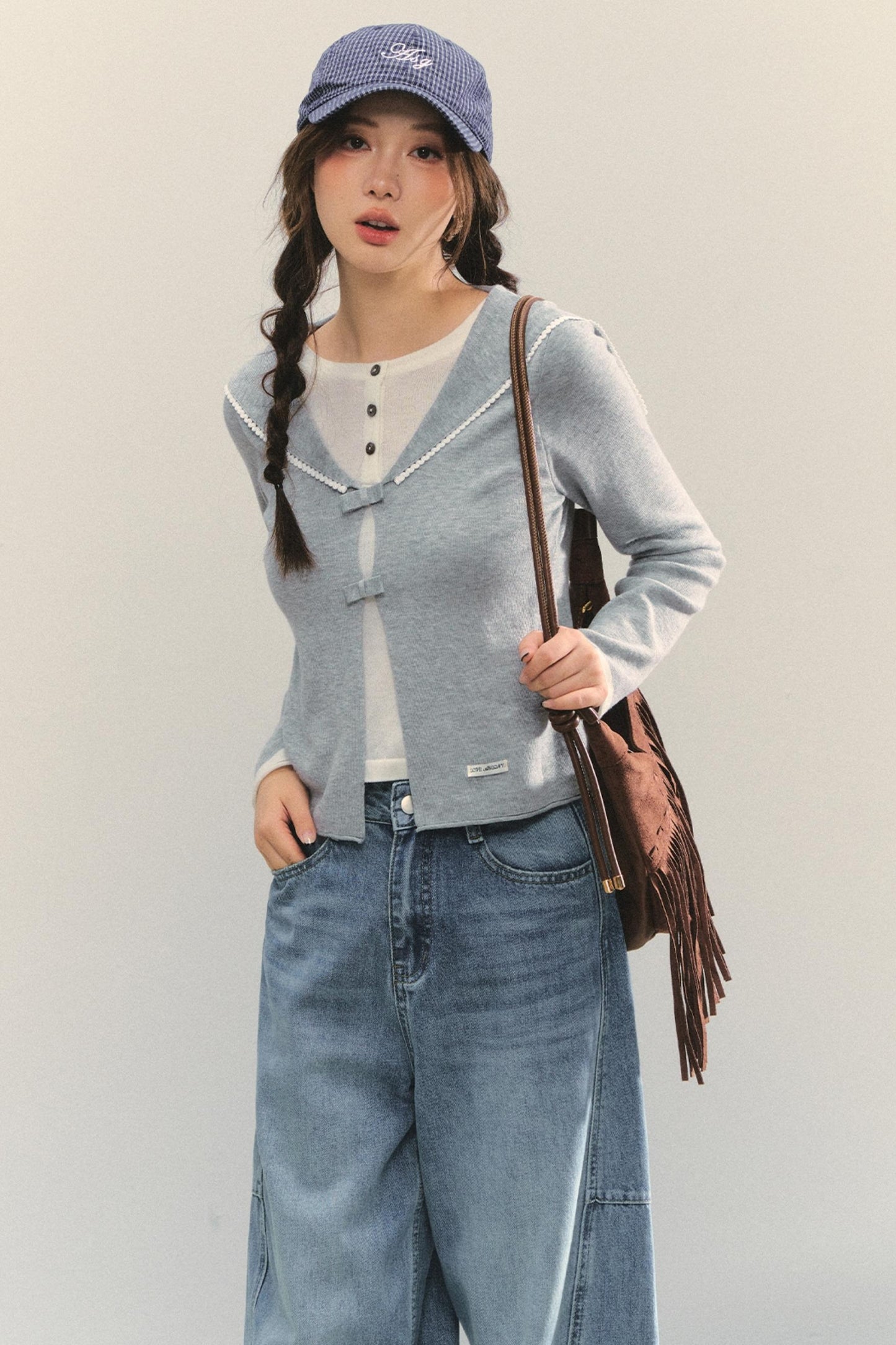 Sweet Navy Neck Knit Cardigan