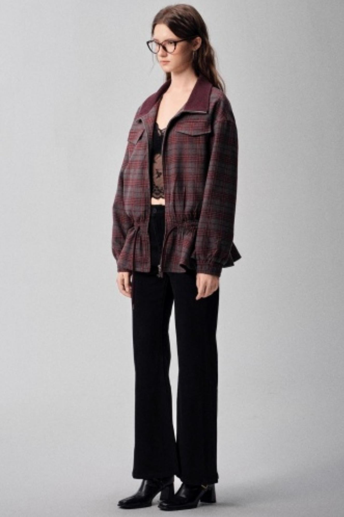 Red Plaid Autumn Waist Jacket