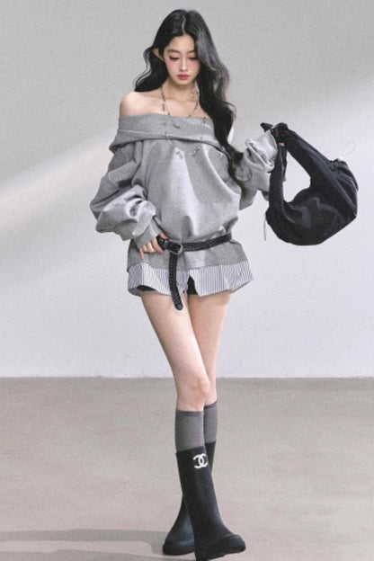 One Shoulder Grayscale Sweatshirt Dress