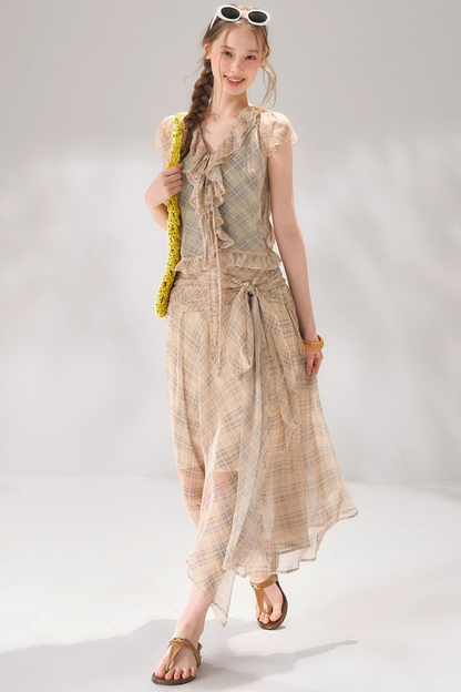 Completo a Due Pezzi Retro a Quadri in Chiffon