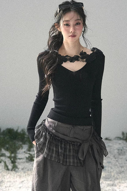 Lace-Trimmed Knitted Top