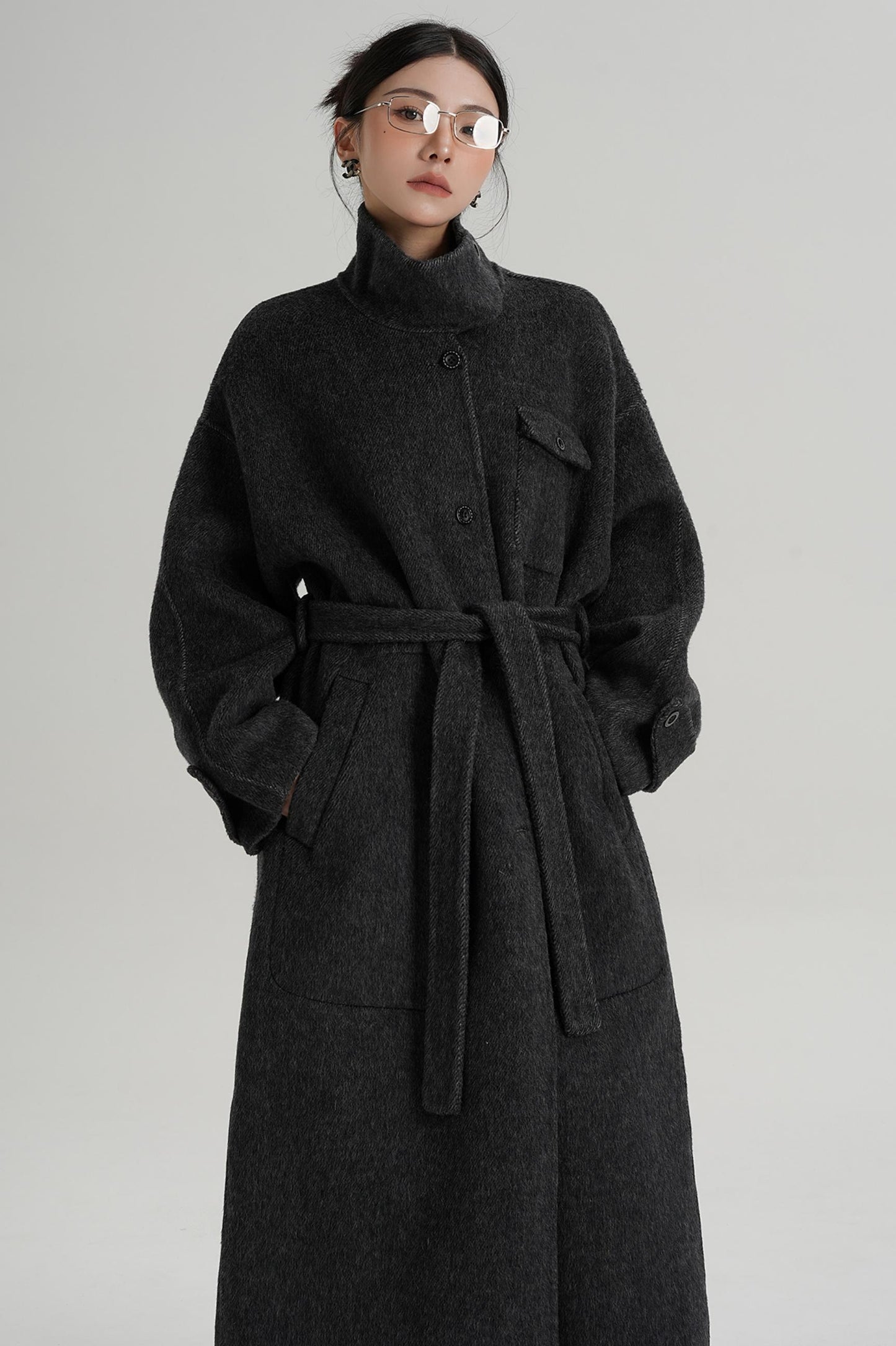 Temperament Design Color-Blocking Woolen Coat