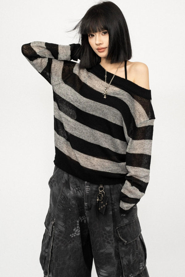 Retro Striped Off-Shoulder T-Shirt