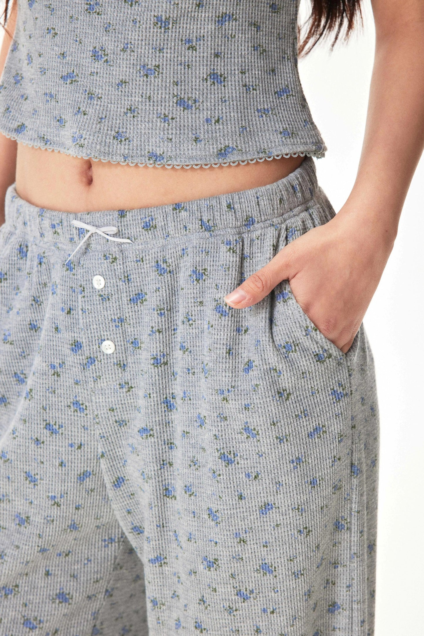 Floral Placket Blouse and Pants Set-Up