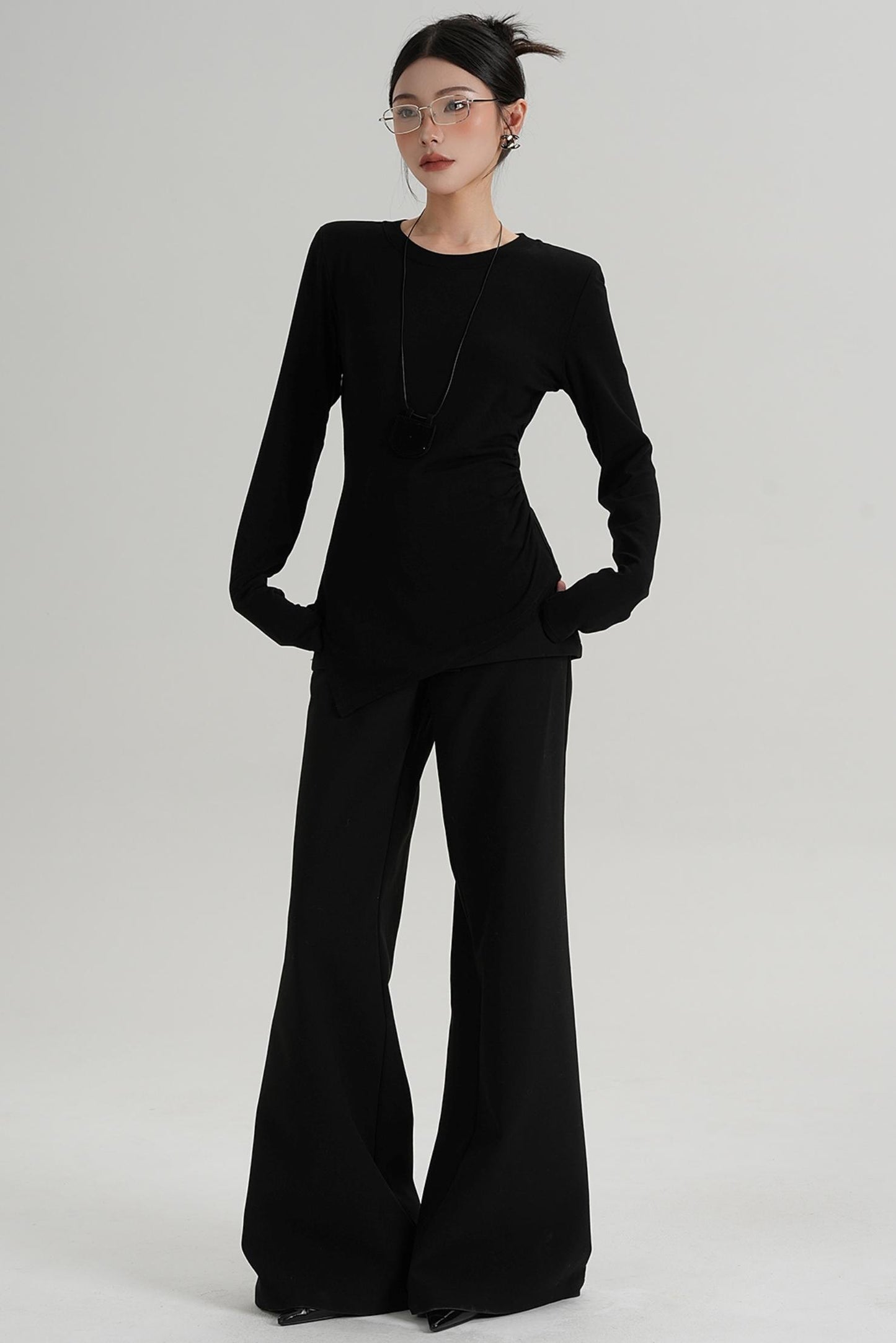 Shoulder Pads Hem Slit Long Sleeve T-shirt