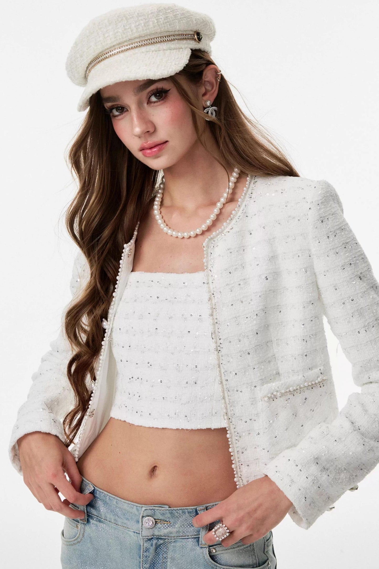 White Small Fragrance Three-Piece Slimming Jacket Set-Up