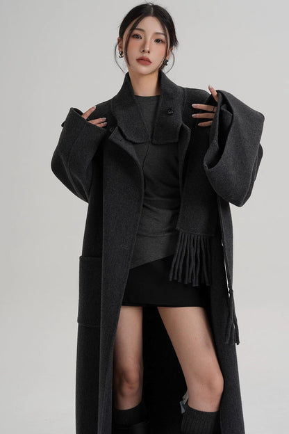 Temperament Hooded Scarf Wool Coat
