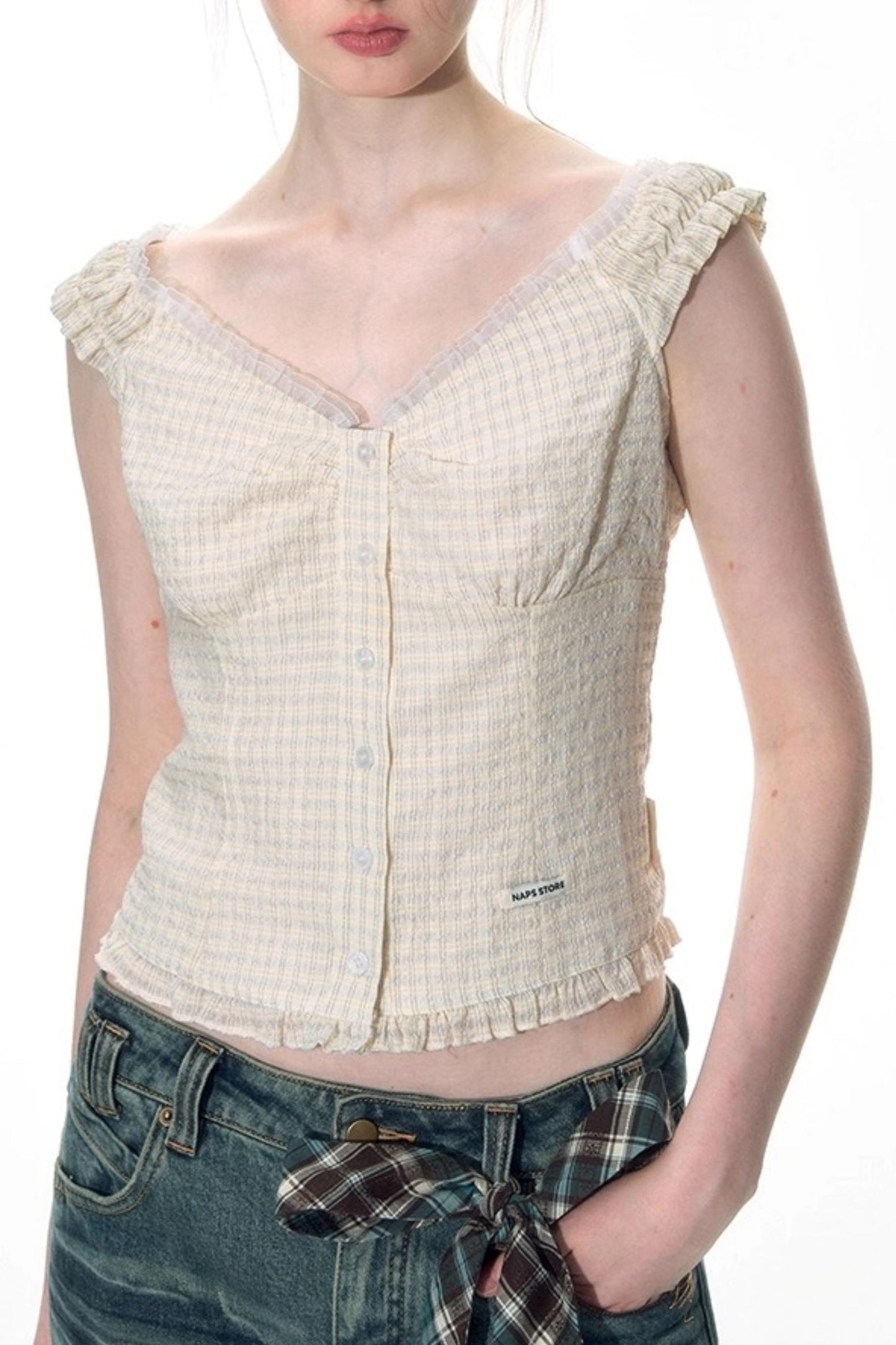 Checked Sleeveless One-Shoulder Shirt Set-Up