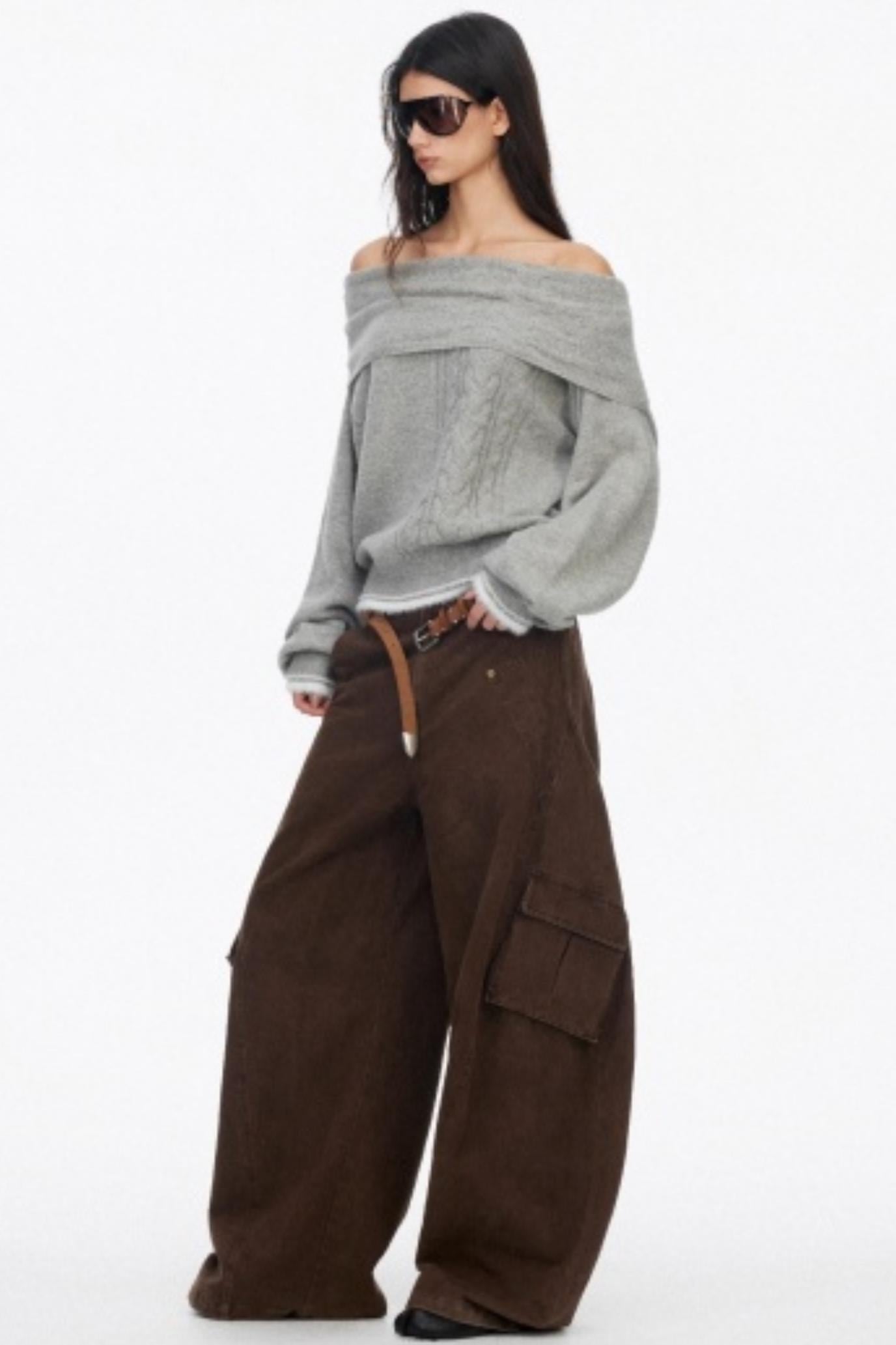 Off-Shoulder Color-Blocked Knit Sweater