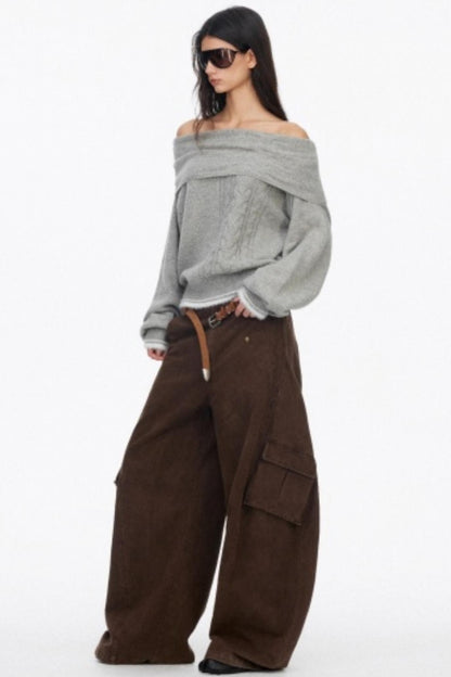 Off-Shoulder Color-Blocked Knit Sweater