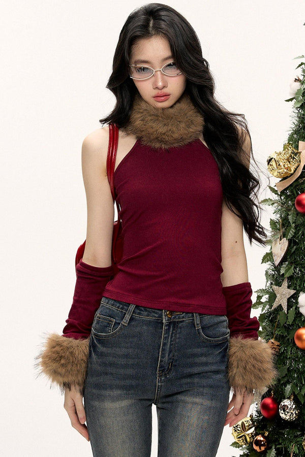 Color-Blocked Fur Collar Vest