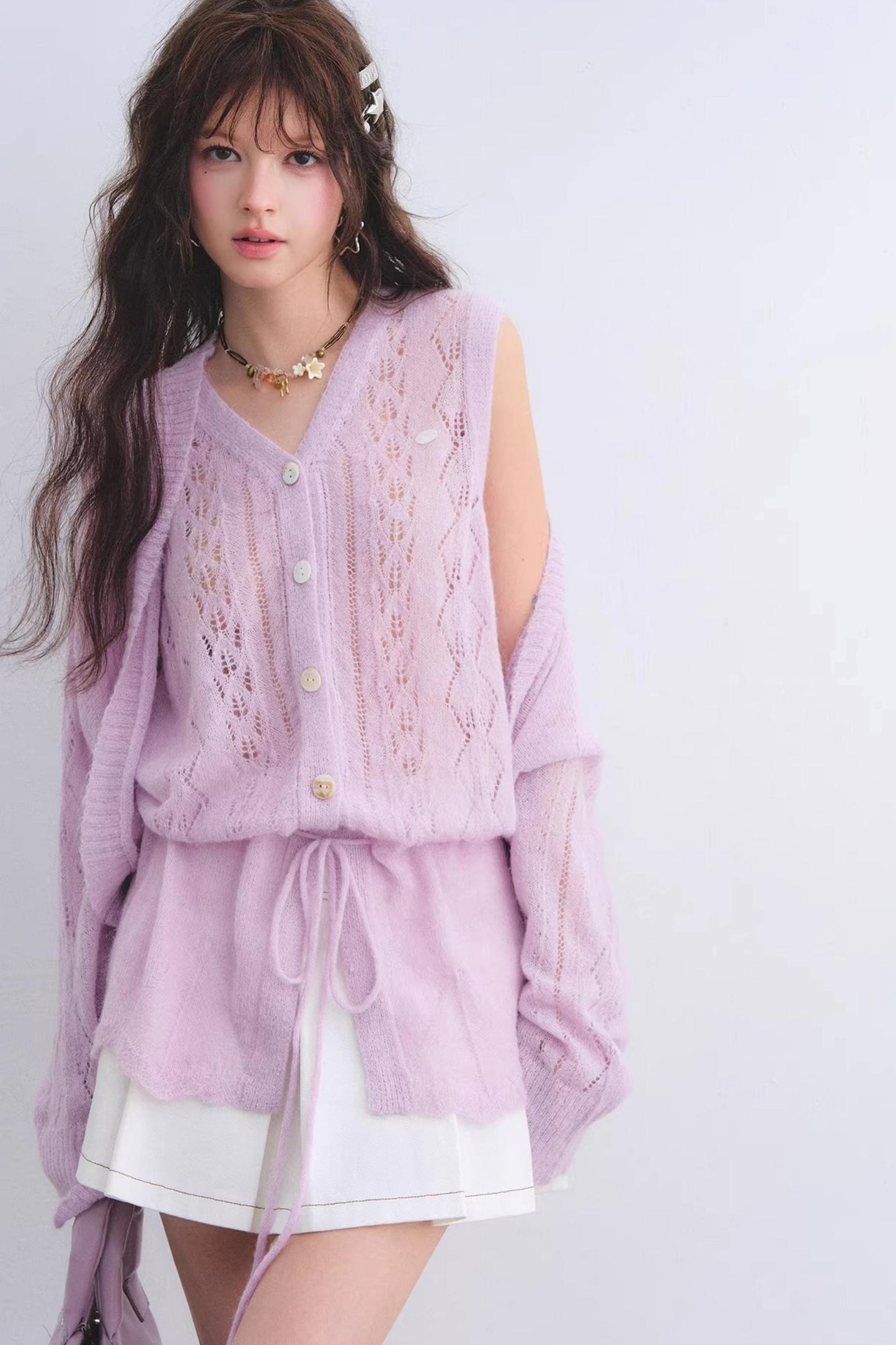 Mohair Purple Cut-Out Cardigan Set-Up