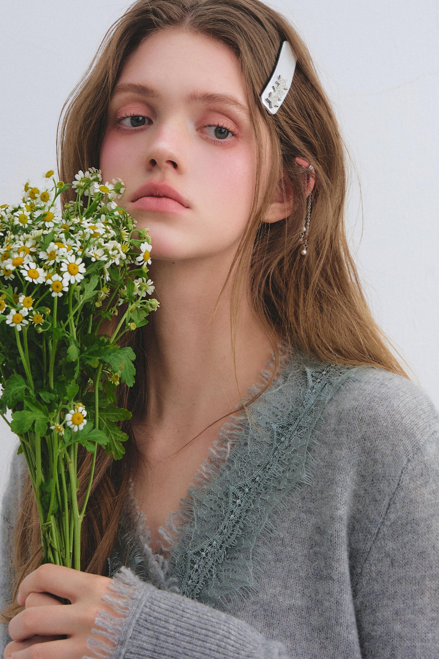 Wool Lace V-Neck Knit Top