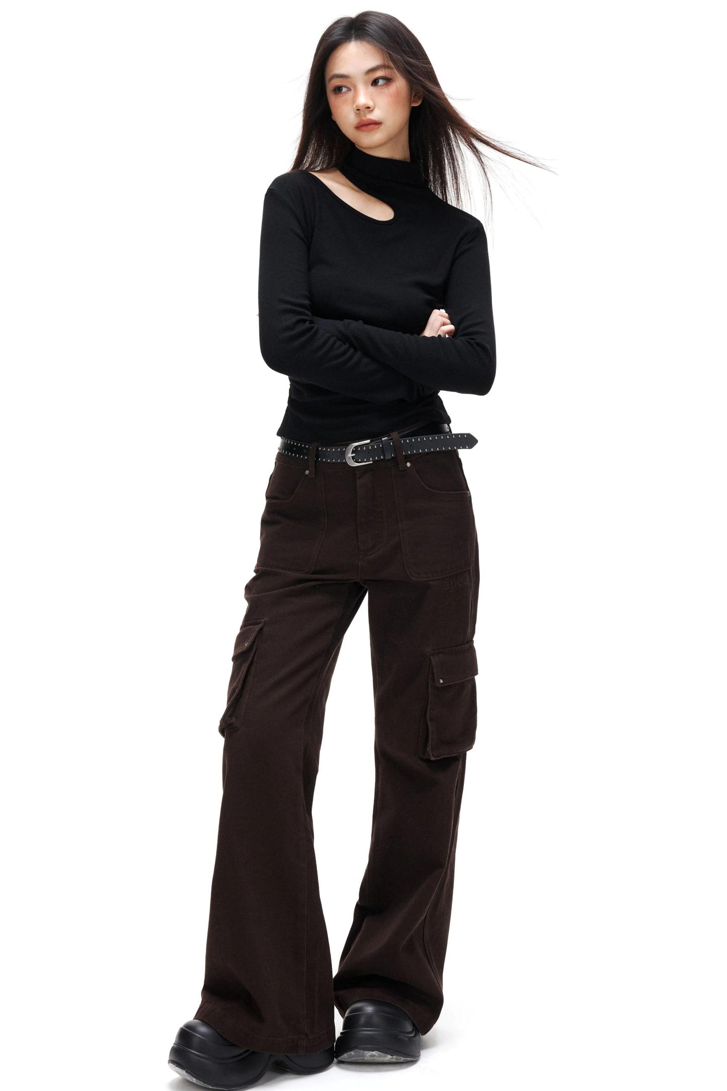 Thin Velvet Pleated Turtleneck Top