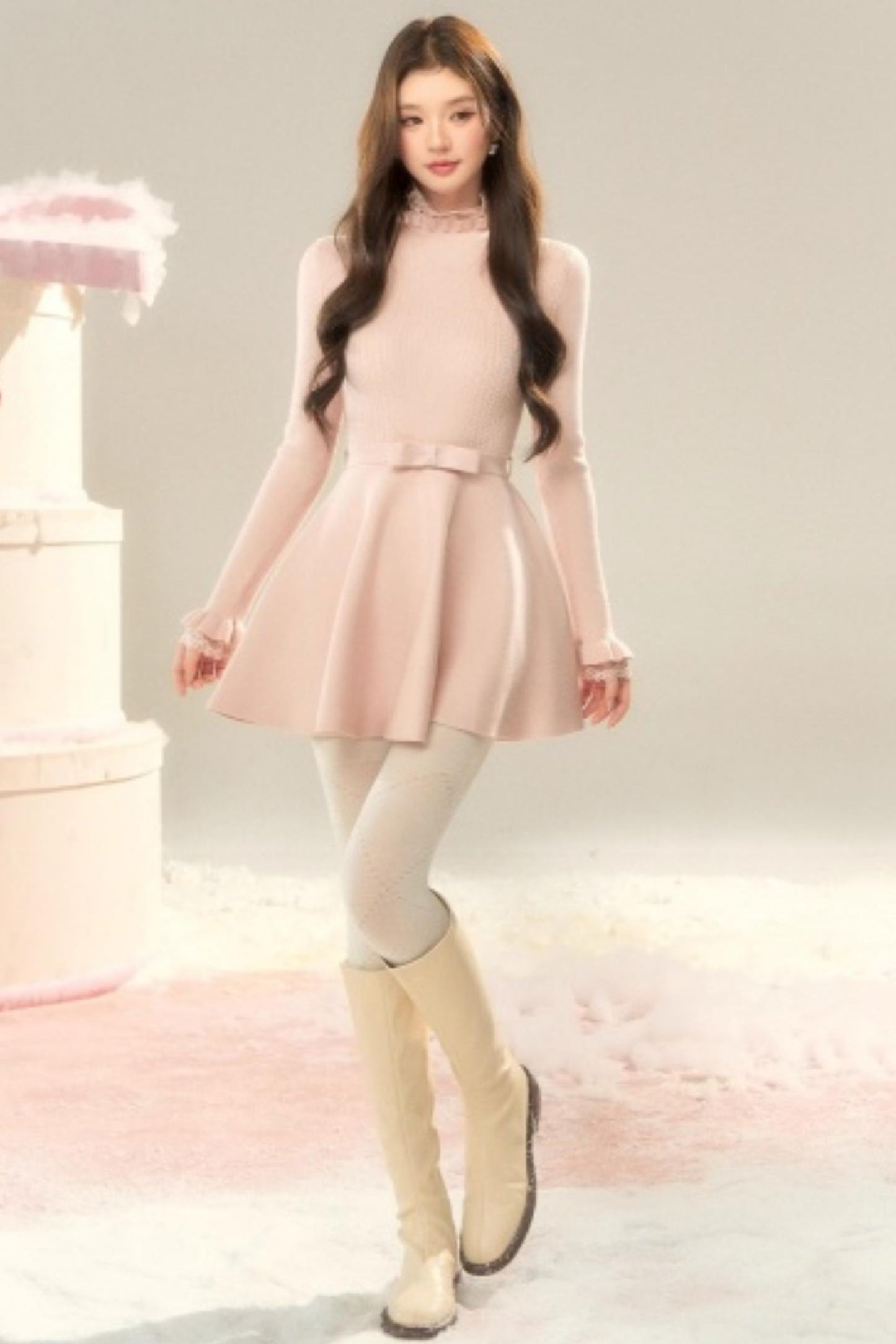 Lace High-Neck Knitted Dress