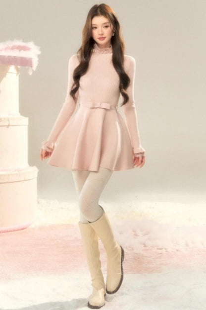 Lace High-Neck Knitted Dress